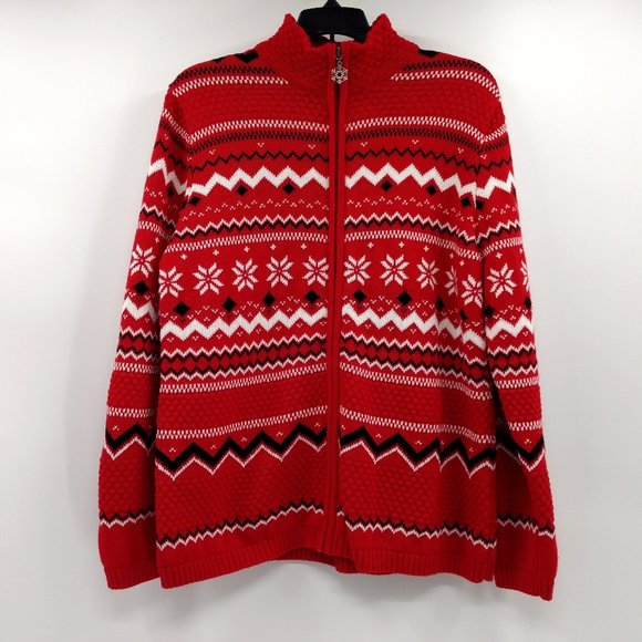 BRECKENRIDGE Sweater Cardigan Women's L Red Fair‎ Isle Full Zip Nordic Snowflake - Picture 1 of 14